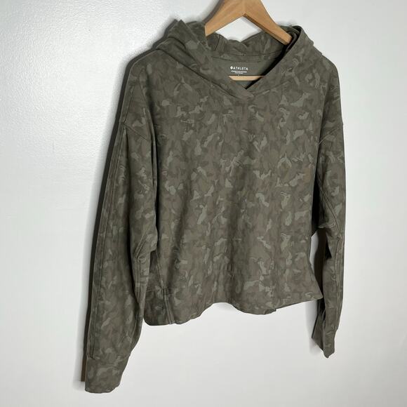Athleta Farallon Printed Sweatshirt Women Large Green Hooded Cropped Athleisure - Picture 3 of 9